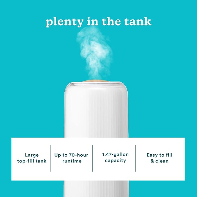 Homedics Cool Mist Ultrasonic Humidifier for Bedroom, Large Room Humidifier, Top-Fill 1.47-Gal Tank, Essential Oil Pads, Built-In Timer, 3 Mist Settings, Air Humidifier for Home, Office, Plants