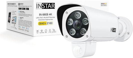 INSTAR IN-9808 4K Outdoor Security Camera White, LAN/Wi-Fi/PoE, HomeKit Secure Video, AI Person Detection, IR Night Vision, Microphone, Audio, PIR, RTSP, WPA3, MQTT, NDAA/TAA Compliant