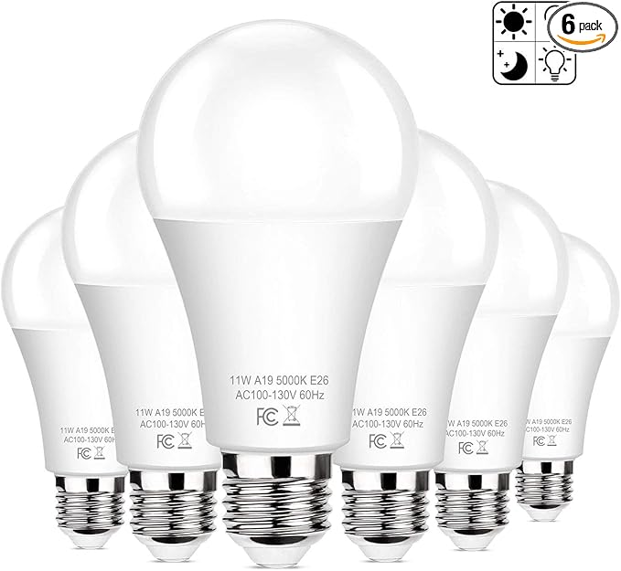 Brightever 6-Pack Dusk to Dawn LED Light Bulbs, A19 11W(100Watt Equivalent), E26 Basic Automatic On/Off, 1200LM, Daylight White 5000K Smart Sensor Lights, Outdoor for Porch Garage Yard Patio Garden
