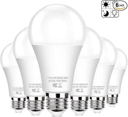 Brightever 6-Pack Dusk to Dawn LED Light Bulbs, A19 11W(100Watt Equivalent), E26 Basic Automatic On/Off, 1200LM, Daylight White 5000K Smart Sensor Lights, Outdoor for Porch Garage Yard Patio Garden