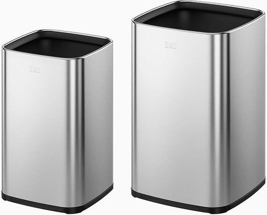 EKO 2-Pack Open Top Trash Can with Removable Inner Basket, Square Small Garbage Can, 1.8 + 3.2 Gallon Wastebasket Combo for Kitchen, Bathroom, Office, Home (Stainless Steel)