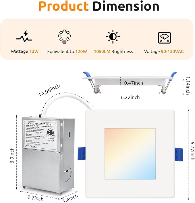 HONZIN 1 Pack 6 Inch Square LED Recessed Lighting, 5CCT Ultra-Thin LED Ceiling Lights, 2700K/3000K/3500K/4000K/5000K Selectable, 13W, IC Rated, Dimmable White Square Trim with Junction Box