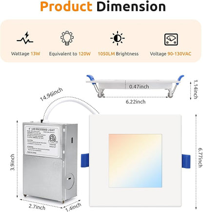 HONZIN 1 Pack 6 Inch Square LED Recessed Lighting, 5CCT Ultra-Thin LED Ceiling Lights, 2700K/3000K/3500K/4000K/5000K Selectable, 13W, IC Rated, Dimmable White Square Trim with Junction Box