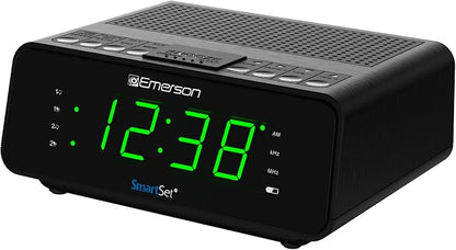 Emerson CKS1900 SmartSet Dual Alarm Clock Radio with AM/FM Digital Tuning, Auto Time Setting, 20 Presets, Jade Green LED Display, Snooze, Sleep Timer & Battery Backup