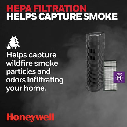 Honeywell HPA060 HEPA Tower Air Purifier, Airborne Allergen Reducer for Small Rooms (75 sq ft), Black - Wildlfire/Smoke, Pollen, Pet Dander, and Dust Air Purifier