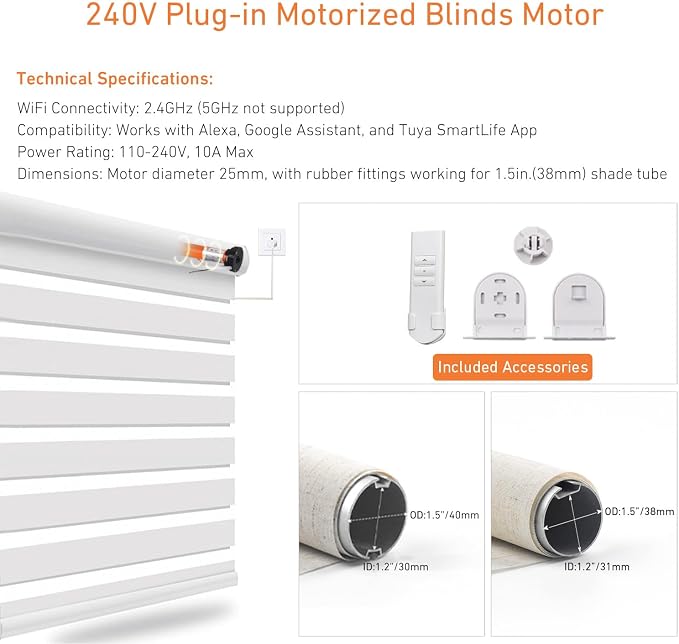 Tuya WiFi Smart Roller Shade Motor for 1.5" (38mm) Tubes – Compatible with Alexa & Google Home – App/Timer Control – No Hub Needed – DIY Electric Motor for Roller Blinds & Shades