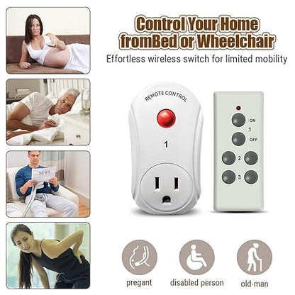 Remote Control Outlet, C-GLNKY Wireless Electrical Plug Switch for Lights, Lamps, Fans, 100ft RF Range,15A 1800W (1 Remote + 3 Outlet+1 Battery)
