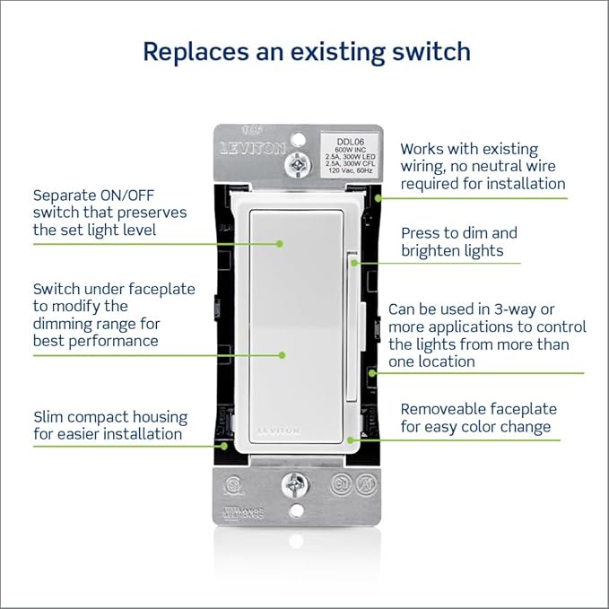 Leviton Decora Digital Dimmer Switch for Dimmable LED, Halogen and Incandescent Bulbs, DDL06-1LZ, White