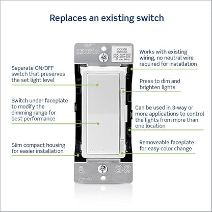 Leviton Decora Digital Dimmer Switch for Dimmable LED, Halogen and Incandescent Bulbs, DDL06-1LZ, White