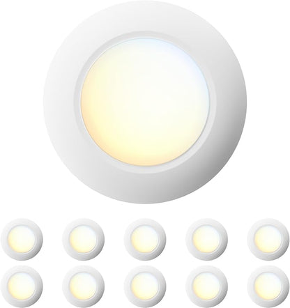 10 Packs 4 Inch White LED Low Profile Recessed & Surface Mount Disk Light, Round, 10W, 600 Lumens, 5CCT Field Selectable, CRI80, DOB Design, Dimmable, Wet Rated & ETL Listed