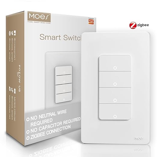 MOES Zigbee Smart Switches 4 Gang, No Neutral Wire, Require MOES Zigbee Hub, Inteligente Single Pole Light Switch, Compatible with Alexa Google Assistant, Support Tuya Smart Life