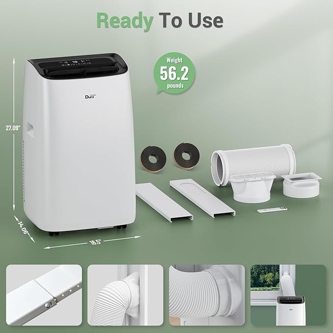 DuraComfort Smart Portable Air Conditioners, 12000 BTU(Ashrae) /8150 BTU (SACC) Quiet AC Unit, Built-in Dehumidifier and Fan Modes, Mobile App, Cools up to 350 Sq. Ft, White