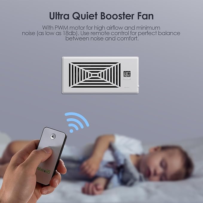 BIOWIND Quiet Register Booster Fan Fits 4" x 10" Register Holes, 10-Speed Smart Heating Cooling AC Vent Fan with Remote Control and Thermostat Control - White