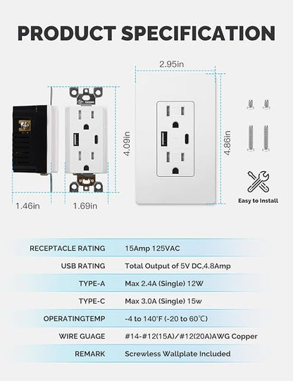 MOES USB Wall Outlet 15 Amp, USB-C and USB-A 24W Charging, White, 1 Pack