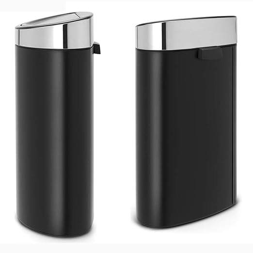 Brabantia Press-Top Kitchen Trash Can with Flat Back | Steel/Black | 10.6 Gallon / 40L | Home Trash Can with Soft-Touch Stay-Open Lid & Removable Inner Bucket | Fits Flat Against Walls | + Trash Bags