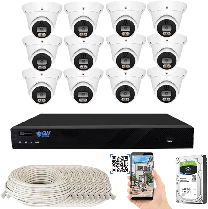 GW Security 16 Channel 8MP Fulltime Color Night Vision 4K NVR Security Camera System with 12 UltraHD 4K Two-Way Audio Outdoor/Indoor Smart AI Face Recognition Human Vehicle Detection PoE Dome Cameras