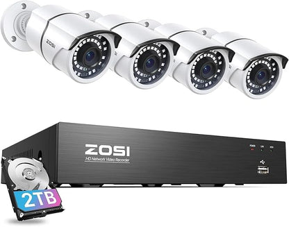 ZOSI 4K PoE Home Security Camera System, 4pcs 5MP Wired Outdoor Indoor Cameras, 120ft Night Vision, Motion Alert, H.265+ 8 Channel 8MP NVR with 2TB Hard Drive, Remote Access for 24/7 Surveillance
