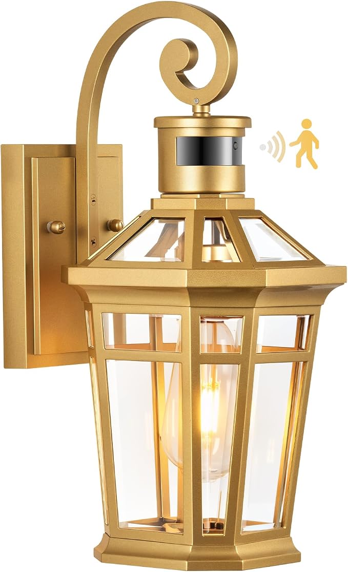 Motion Sensor Front Porch Light, Gold Outdoor Light Fixture Wall Mount, Outdoor Wall Lantern Sconce Light with Beveled Glass, Waterproof Carriage Lights Exterior, Coach Lights for Garage, Patio