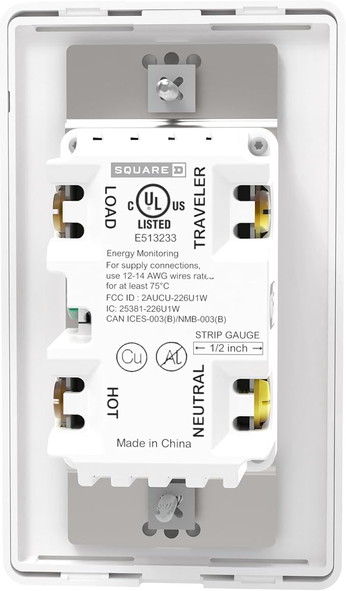 Square D by Schneider Electric X Series 15 Amp WiFi Energy Monitoring Light Switch, Single-Pole/3-way, 600 Watt, Rocker, Matter Certified, Works with Alexa, Google Home, Apple Home, Matte White