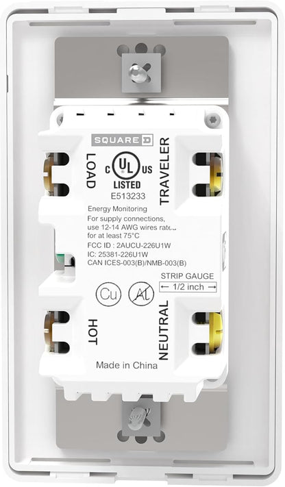 Square D by Schneider Electric X Series 15 Amp WiFi Energy Monitoring Light Switch, Single-Pole/3-way, 600 Watt, Rocker, Matter Certified, Works with Alexa, Google Home, Apple Home, Matte White