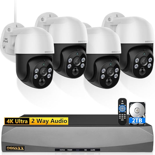 (2026 New) 4K PTZ PoE Wired Security Camera System Outdoor Surveillance | 8CH DVR 2TB HDD, 4 Cameras, Remote Control, No Monthly Fee App, AI Human Detection, Audio Mic, IR Night Vision