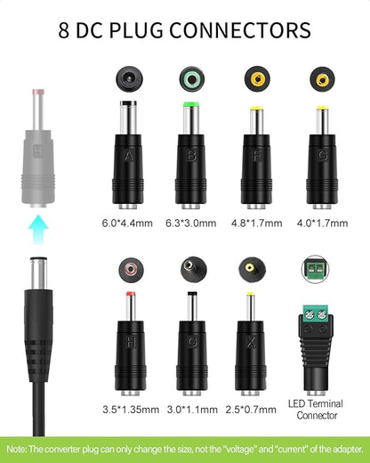 12V 2A Power Supply AC Adapter Replacement with 8 Tips, Regulated 12 Volts 2000mA Cord Charger for LED Strip Light, CCTV Camera, GPS, Webcam, Router, BT Speaker DC12V Transformer (6ft)