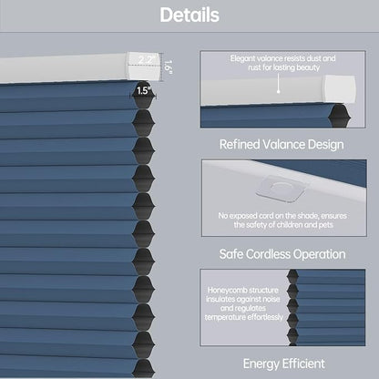 Cellular Shades Blackout Honeycomb Blinds for Indoor Windows, Cordless Cellular Shades 1.5 inch Cell Pleated for Bedroom Home Office, Custom Size, Blackout Blue