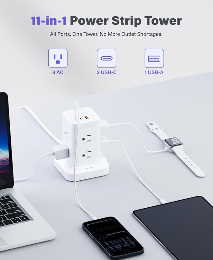 Power Strip Tower with Surge Protector 1800J, Fast Charging Tower PD20W USB-C Ports with 8 AC Outlets, Extension Cord for Home Office Dorm Room, White, 8FT