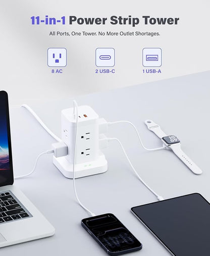 Power Strip Tower with Surge Protector 1800J, Fast Charging Tower PD20W USB-C Ports with 8 AC Outlets, Extension Cord for Home Office Dorm Room, White, 8FT