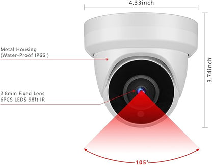 5MP Security Camera 4-in-1 TVI/CVI/AHD/CVBS 960H Analog CCTV Camera Security Dome Outdoor, 2.8mm Lens, 105° Wide Angle, 98ft Night Vision, IP66 Waterproof, Aluminum Metal Housing (White)