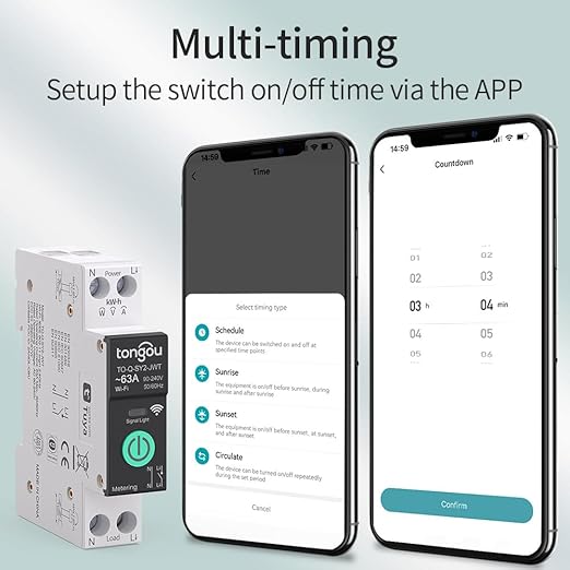 TONGOU Smart Home DIN Rail WiFi Switch, 1P+N 1‑63A, Over-Current Protection, Tuya/Smart Life Remote Control, Voice Control via Alexa &Google Assistant, Energy Monitor, Timer Functions, FCC Certified