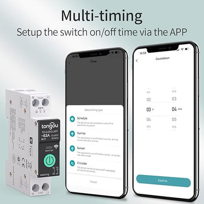 TONGOU Smart Home DIN Rail WiFi Switch, 1P+N 1‑63A, Over-Current Protection, Tuya/Smart Life Remote Control, Voice Control via Alexa &Google Assistant, Energy Monitor, Timer Functions, FCC Certified