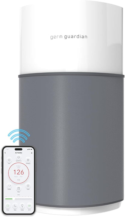 GermGuardian AirSafe XL Smart Air Purifier for Home 360° True HEPA Filter, WiFi and App Enabled, Air Quality Monitor, Large Rooms Up to 1680 Sq Ft, For Smoke, Dust, Pet Dander, Gray/White, AP3250