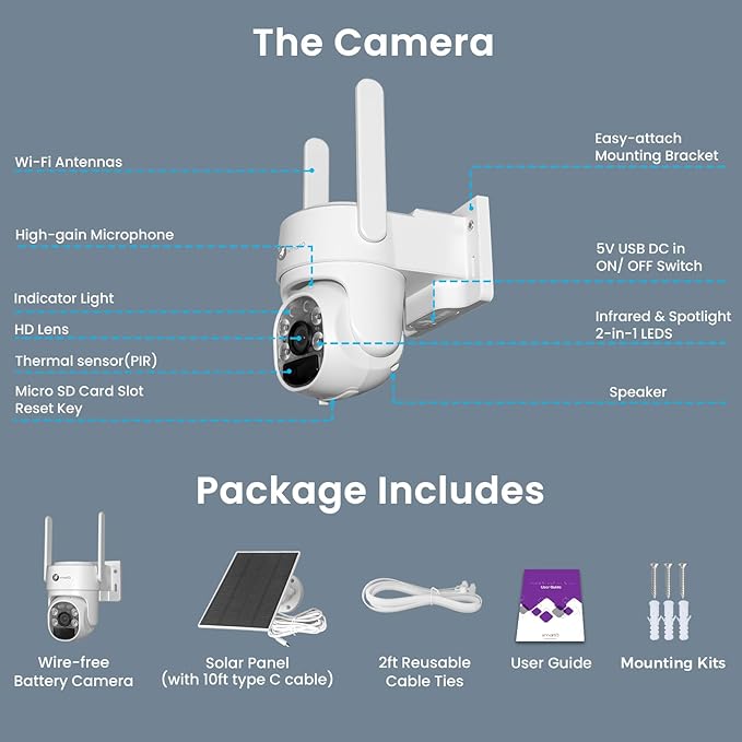 xmartO Wire-Free Solar Security Camera Outdoor Wireless, 4MP 2K QHD PTZ AI Tracking Security Camera, 5G Dual Band WiFi6, 8700mAh Battery, All-Weather Solar Charging, WiFi6 Long Range, No Monthly Fees