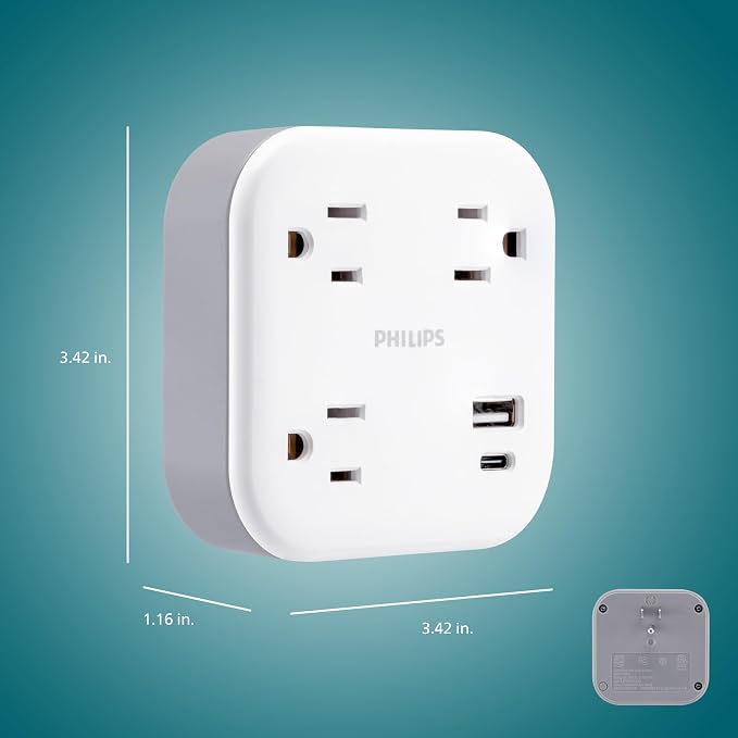 Philips EZFit 3-Outlet Surge Outlet Extender with USB, 1 USB-A, 1 USB-C