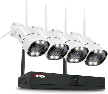 4K WiFi Security Camera System, 4X 3MP Plug-in Home Security Cameras 24/7 Recording, Dual Warning 8 Channel 265+ WiFi NVR, NO Hard Drive, 2 Way Audio, AI Detection, Color Night Vision