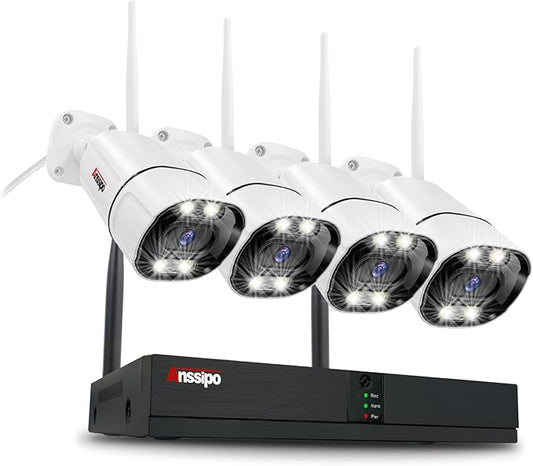 4K WiFi Security Camera System, 4X 3MP Plug-in Home Security Cameras 24/7 Recording, Dual Warning 8 Channel 265+ WiFi NVR, NO Hard Drive, 2 Way Audio, AI Detection, Color Night Vision