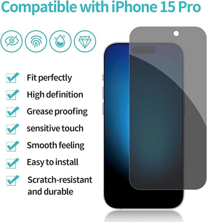 PEHAEL 2+2 Pack for iPhone 15 Pro Privacy Screen Protector with Camera Lens Protector Full Coverage Anti-Spy Tempered Glass Film 9H Hardness Easy Installation Bubble Free [6.1 inch]