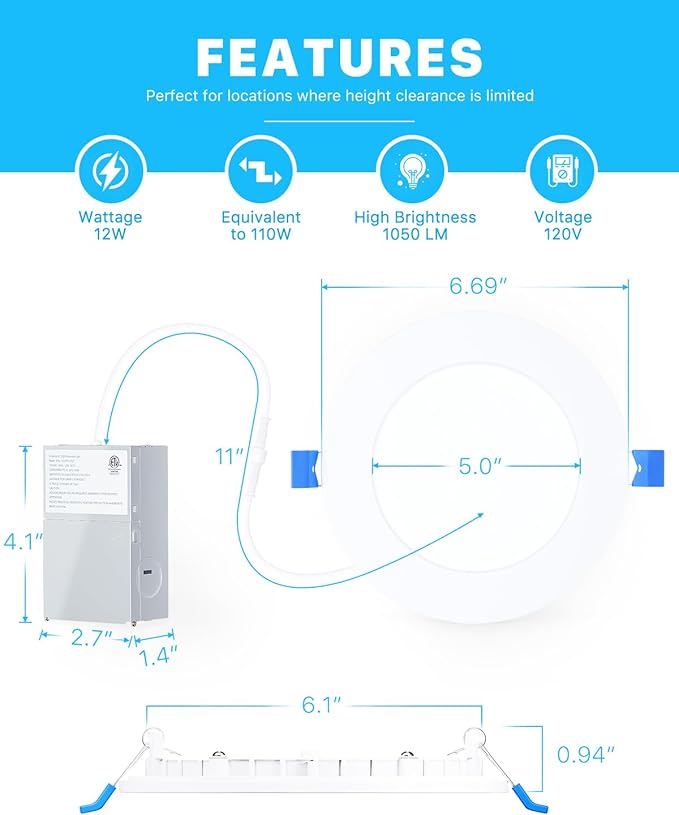 Ensenior 6 Pack 6 Inch LED Recessed Light, Dimmable, 2700K-5000K 5CCT, 1050LM High Brightness, 12W 120V, Damp Rated, Ultra-Thin Canless Wafer Ceiling Light - ETL & FCC & IC