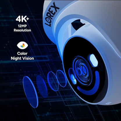 Lorex Classic 4K+ PoE Dome Camera | 12MP | IP Add-on Camera (No Cable) | Color Night Vision | Person & Vehicle Detection | 2-Way Talk | Metal Housing | IP67 Weatherproof | Requires a Recorder