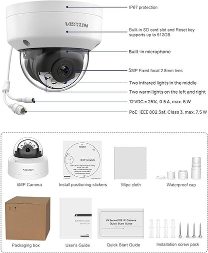 VIKYLIN 5MP IP PoE Vandal Dome Camera, Smart Hybrid Light Color Night Vision, AI Human Vehicle Detection, Outdoor Security Camera with One Way Audio, H265+, Hikconnect/SADP/iVMS4200,