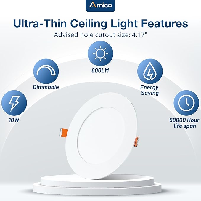 Amico 48 Pack 4 Inch 5CCT Ultra-Thin LED Recessed Dimmable Ceiling Light with Junction Box, 2700K/3000K/3500K/4000K/5000K Selectable, 10W Eqv 60W, 800 Lumens, High Brightness Downlight - ETL&FCC