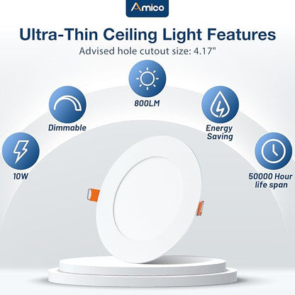 Amico 48 Pack 4 Inch 5CCT Ultra-Thin LED Recessed Dimmable Ceiling Light with Junction Box, 2700K/3000K/3500K/4000K/5000K Selectable, 10W Eqv 60W, 800 Lumens, High Brightness Downlight - ETL&FCC