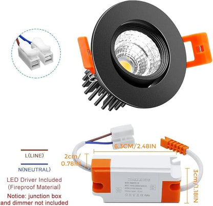 2Inch LED Recessed Ceiling Light, 3W Dimmable LED Downlight, 60 Beam Angle COB Recessed Lights with Driver, Warm White 3000K-3500K, 25W Halogen Bulbs Equivalent for Ceiling LigShting, Black 1Pack