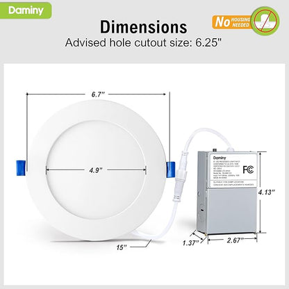 DAMINY 6 Pack 6 Inch LED Recessed Lighting with Junction Box,5CCT,Ultra-Thin Recessed Light,10W 1100LM, Dimmable Canless Wafer Ceiling Light,High Brightness