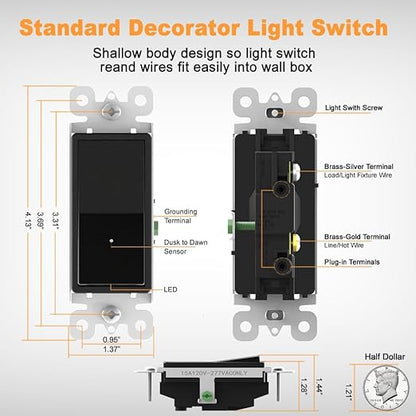 4 Pack Illuminated Light Switch, Lightswitch with LED Night Light, Automatic On/Off Sensor, Single Pole Switch, 15Amp 120/277Volt,Black