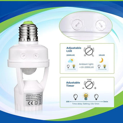 PIR Motion Sensor Light Socket Smart Screw in Light Bulb Outlet Compatible with E26/E27 Motion Activated Bulb Holder Adapter Automatic Control for Garage Storage Room