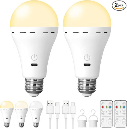 2Packs Magic Rechargeable Light Bulbs with Remote Control, E26 Cordless Battery Operated Light Bulb for Lamps, Wireless No Electricity Smart Battery Powered LED Bulb, 2200mAh/Dimmable/Timer