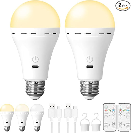 2Packs Magic Rechargeable Light Bulbs with Remote Control, E26 Cordless Battery Operated Light Bulb for Lamps, Wireless No Electricity Smart Battery Powered LED Bulb, 2200mAh/Dimmable/Timer