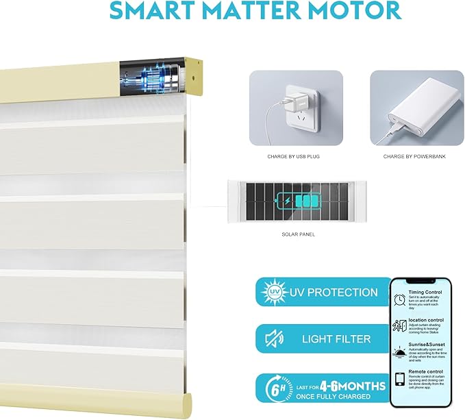 Motorized Zebra Blinds with Remote Smart Blind Work with Homekit Alexa SmartThings Electric Day and Night Shade Cordless Automatic Solar Powered Window Shade Customize(Wooden Texture Beige)